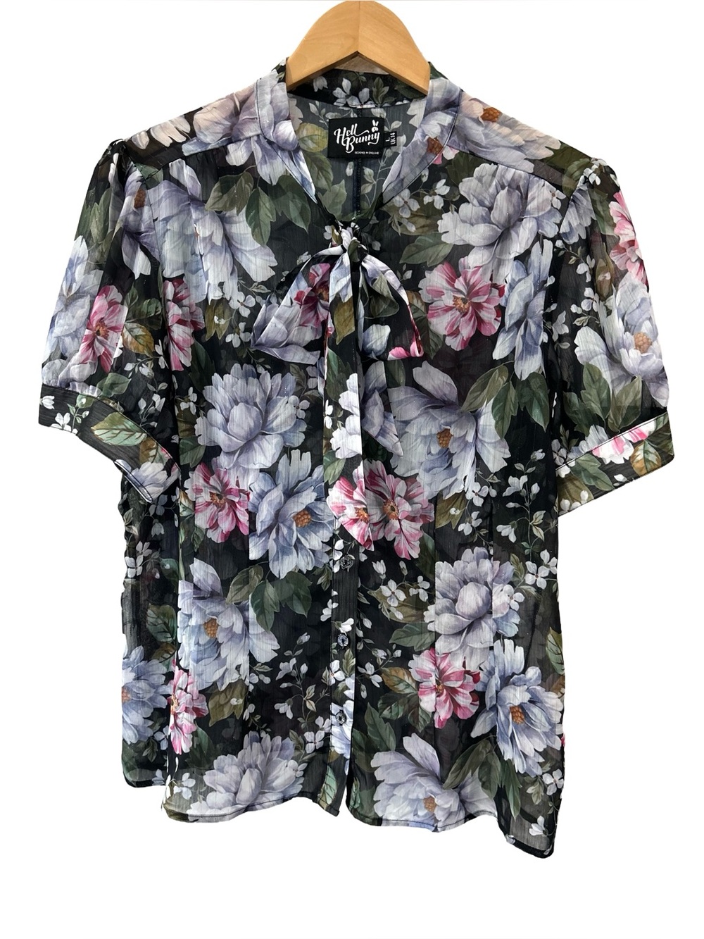 Hell Bunny women’s Magnolia floral Blouse UK L 14 US 10 black sheer retro pinup